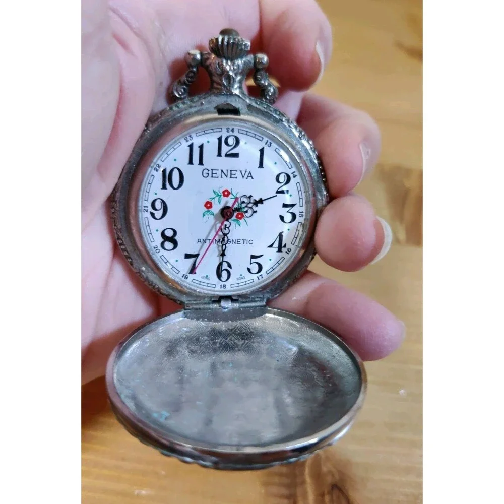 GENEVA Train Pocket Watch Silvertone For Parts Or Repairs